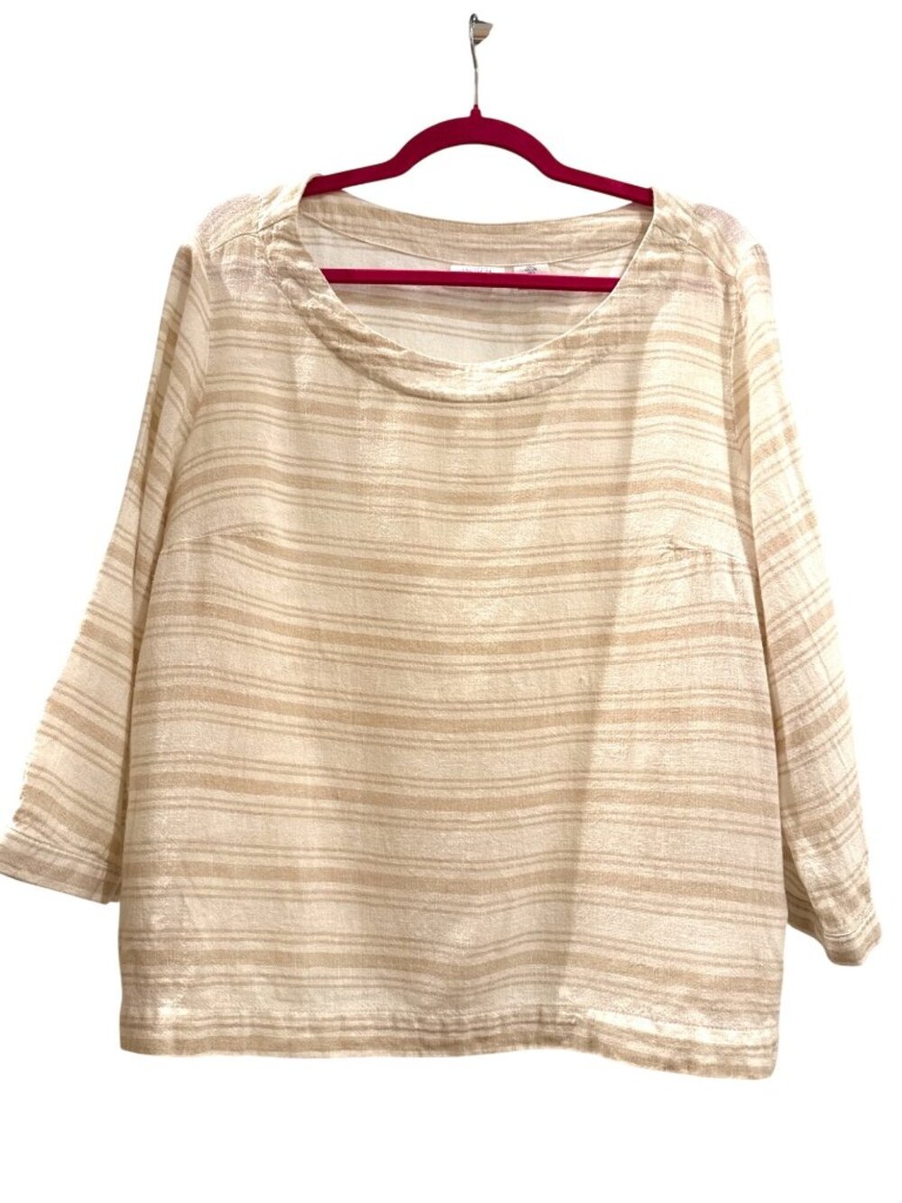Sigrid Olsen Striped Beige Linen Blend 3/4 Sleeve Blouse Size L